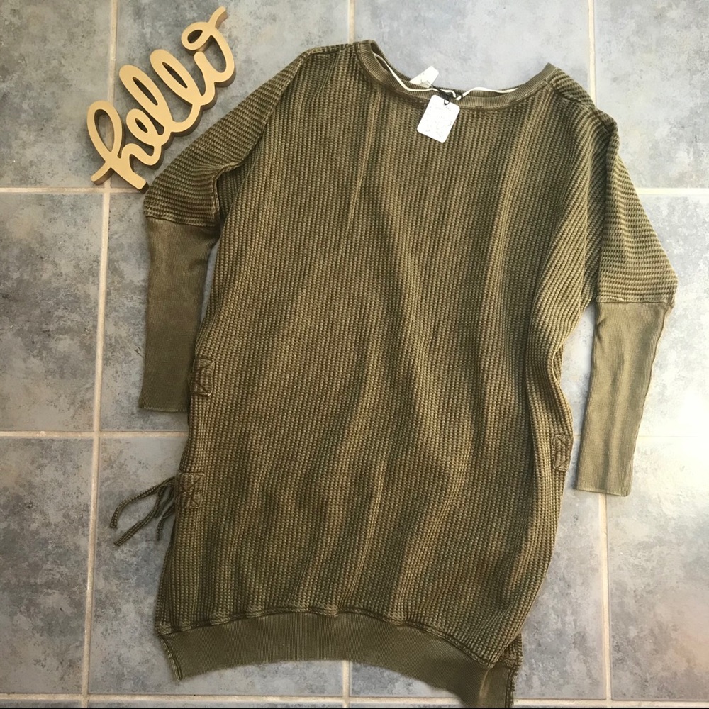 NEW Free People Waffle Olive Sweater Long XS - Picture 2 of 7
